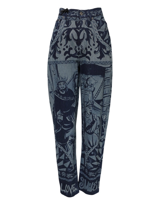 Pair of blue jeans with a patterned design on them