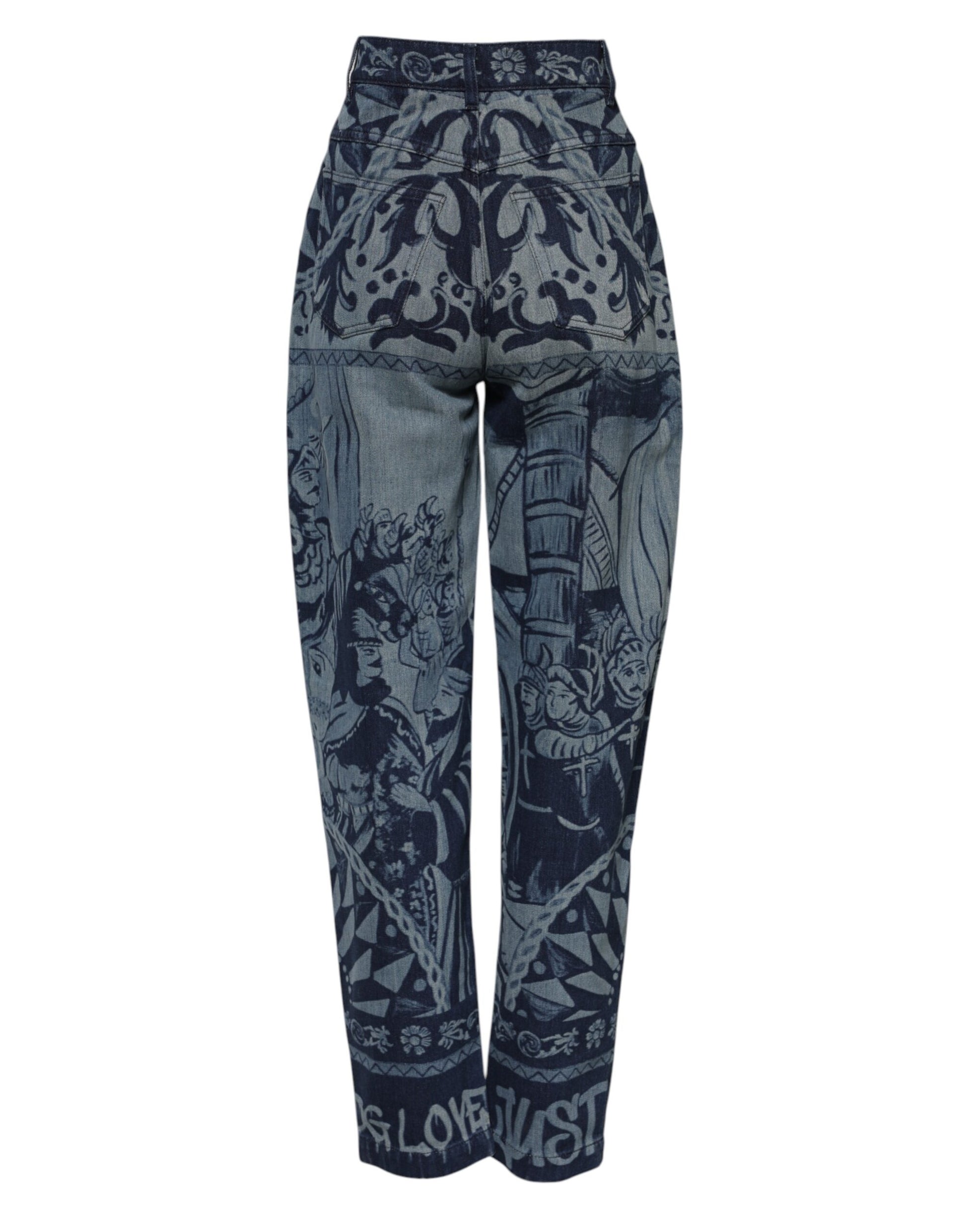 Pair of blue jeans with floral pattern on legs