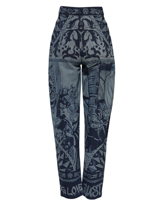Pair of blue jeans with floral pattern on legs