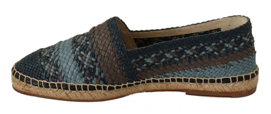 Pair of women's shoes with a snake skin design and wedge heels