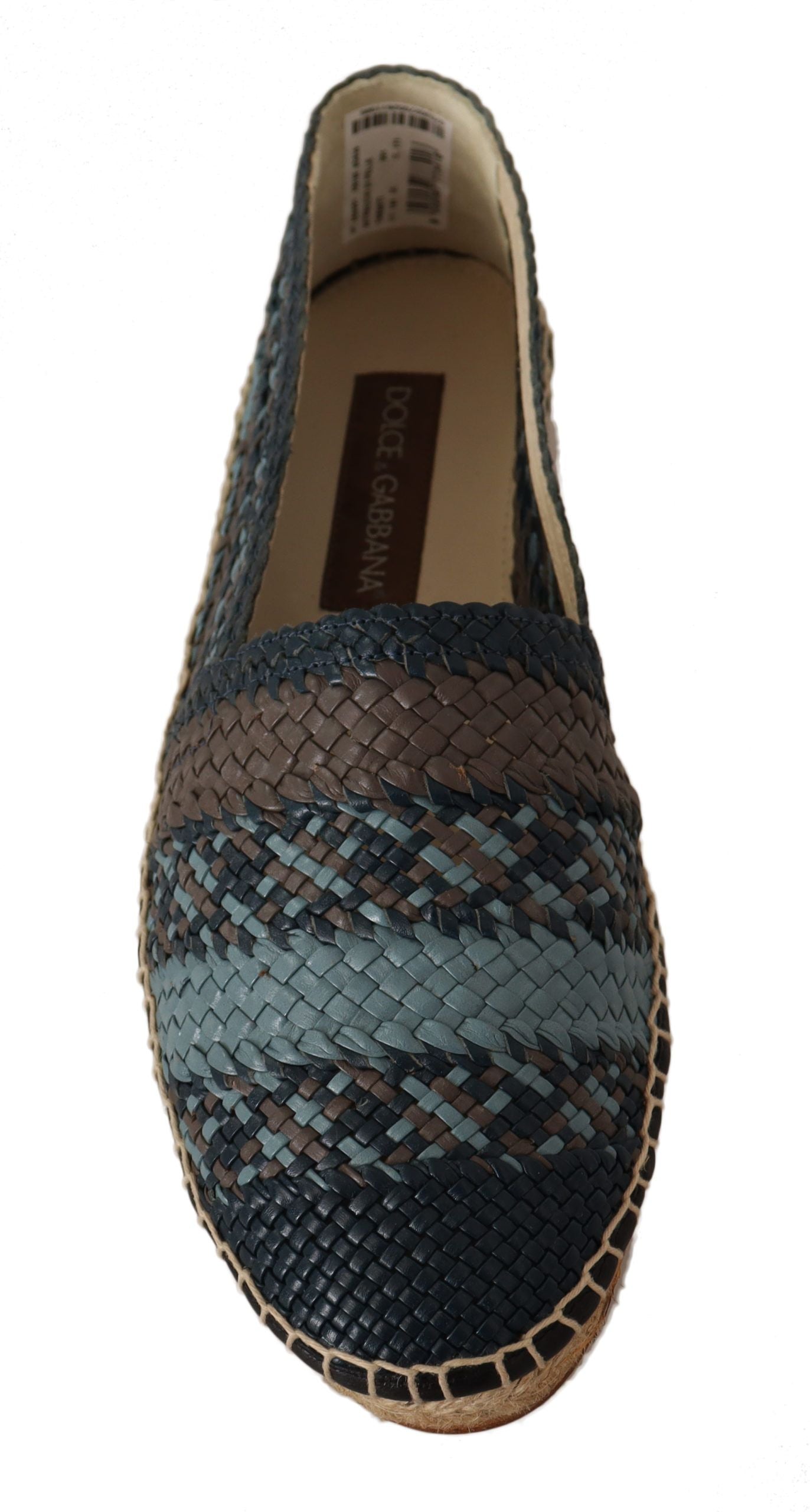 Brown and blue woven women's shoe with tan sole