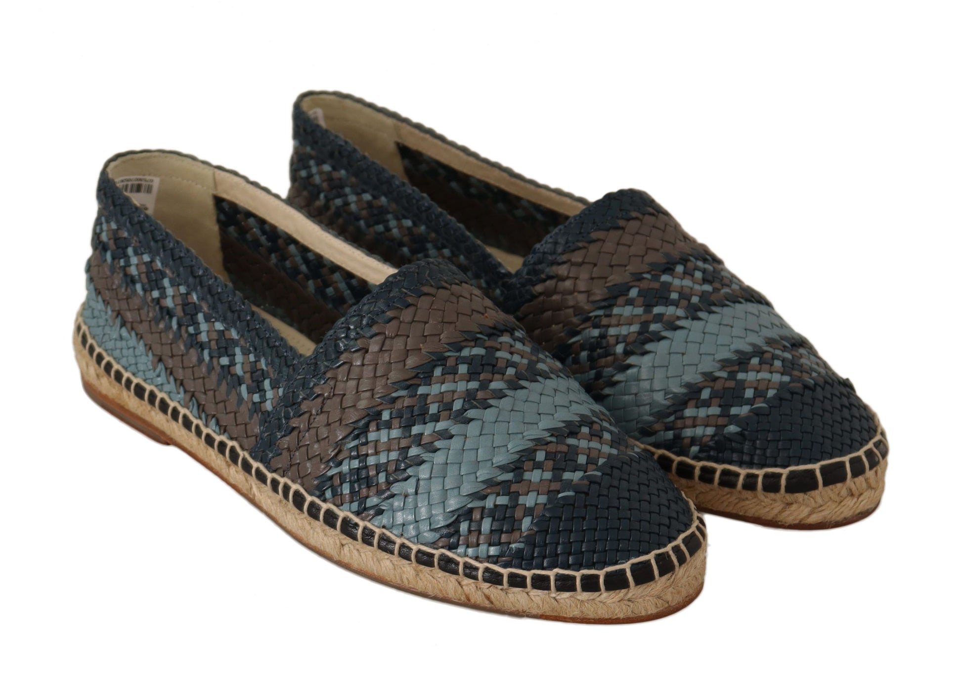 Pair of blue and brown patterned women's shoes with wedge heels