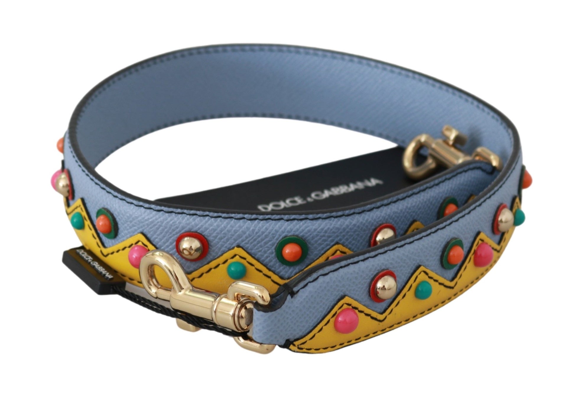 Blue dog collar with colorful beads and gold hardware