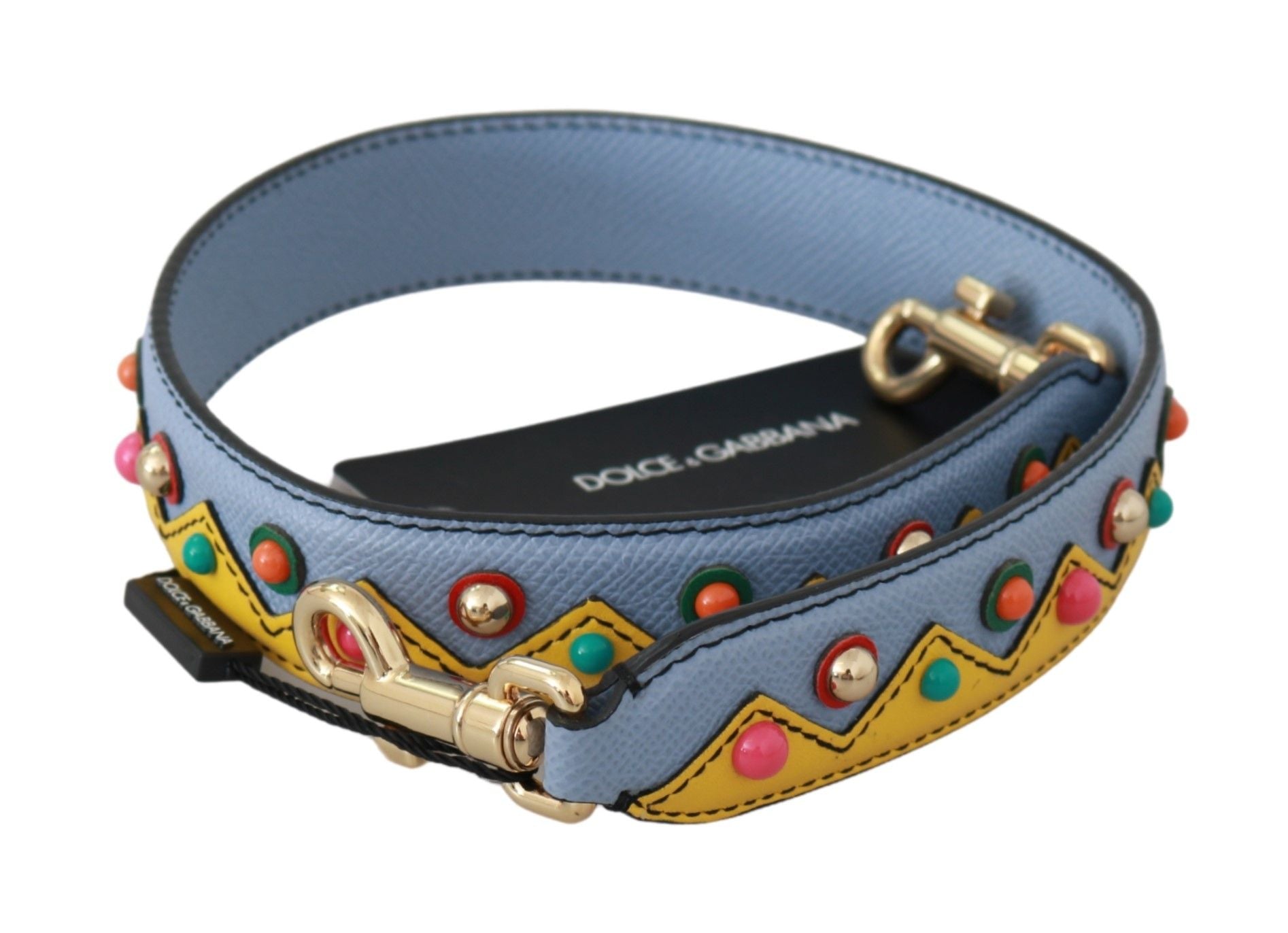Blue dog collar with colorful beads and gold accents