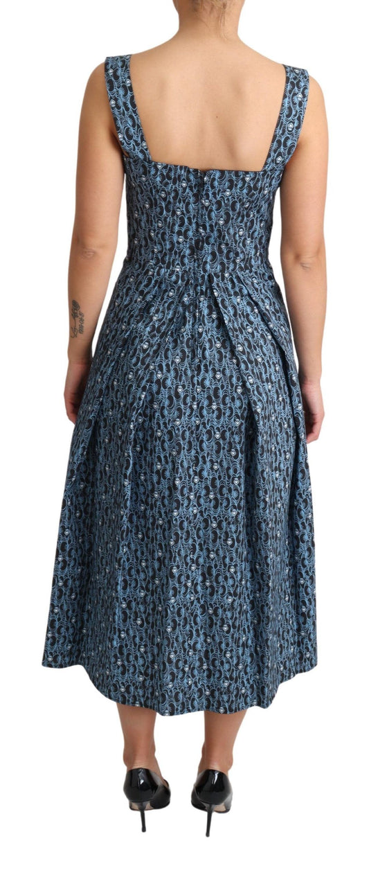 A-line stretch dress with blue heart pattern, cotton fabric, and fitted waist