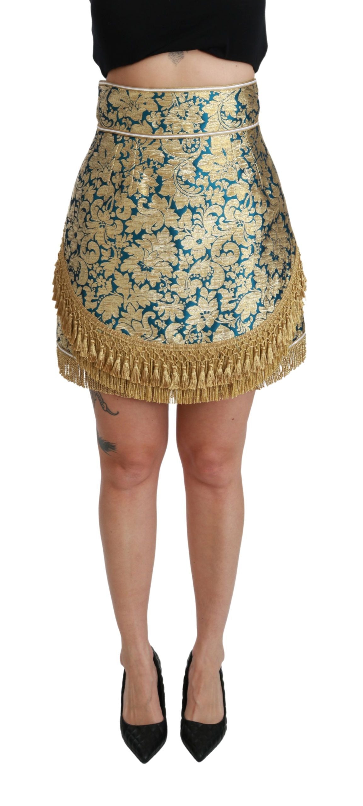Gold floral skirt with fringe trim