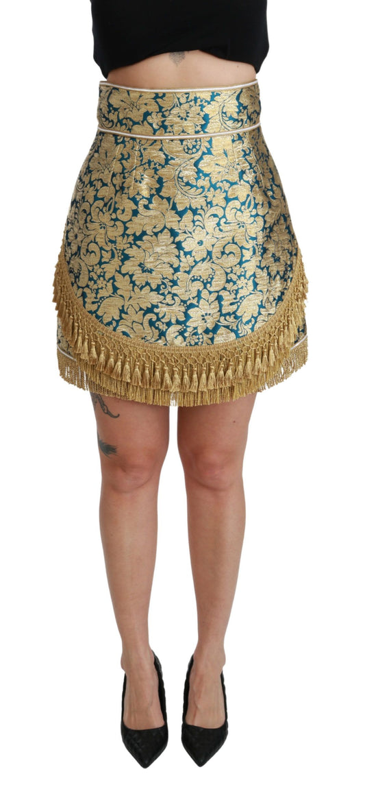 Gold floral skirt with fringe trim