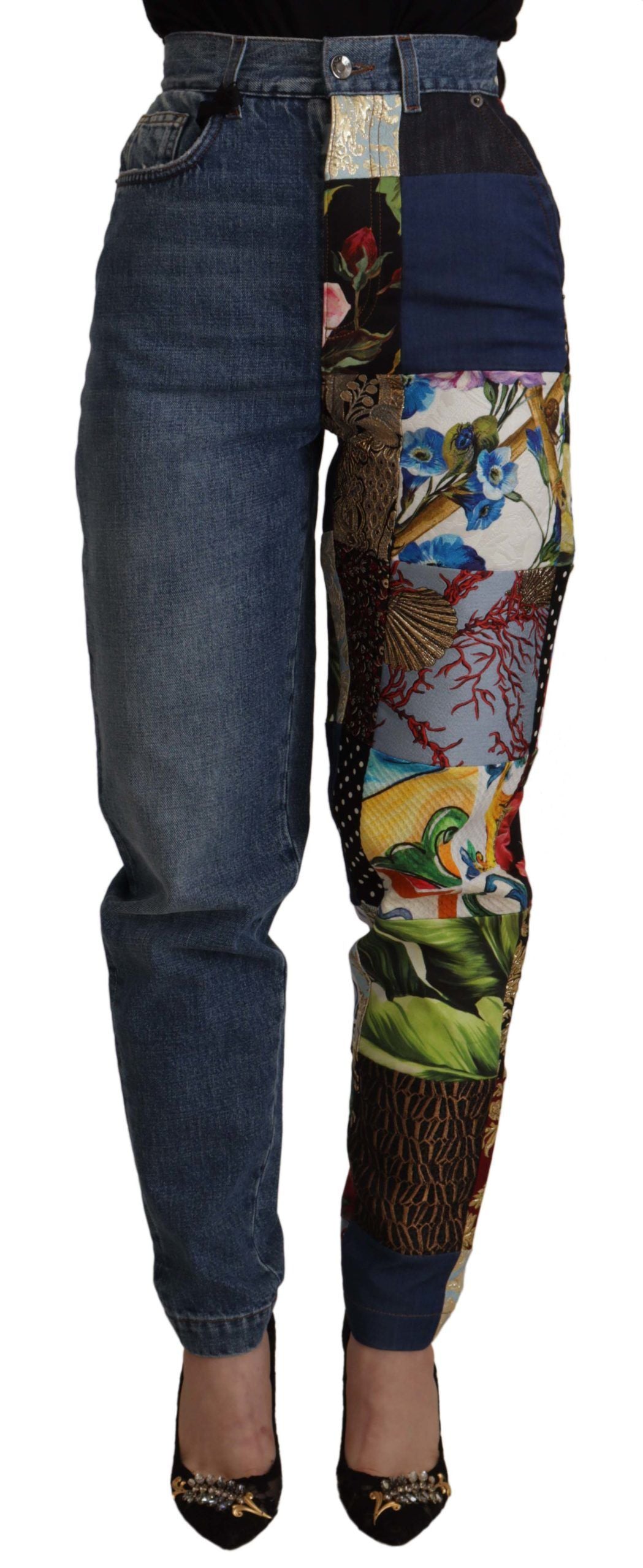 Pair of jeans with colorful patterned leggings