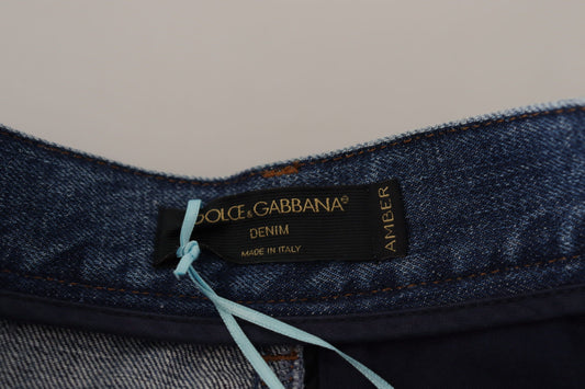Blue denim jeans with a tag on the waistband