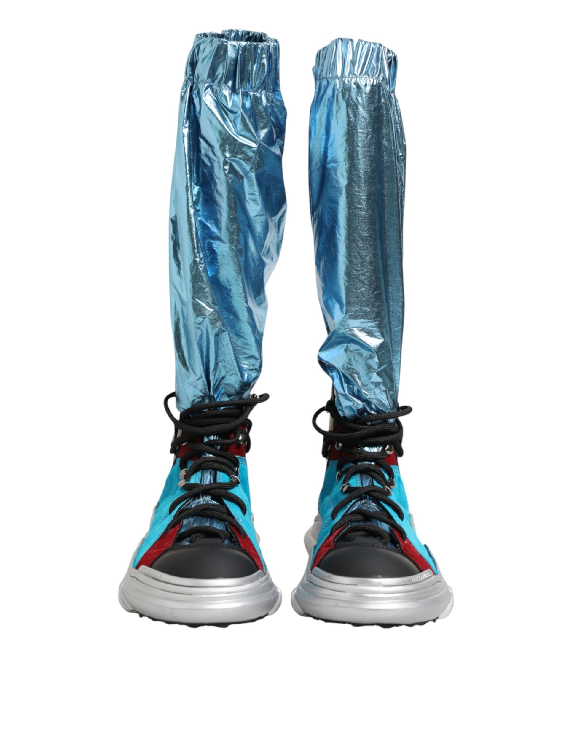 Blue metallic pants with reflective material