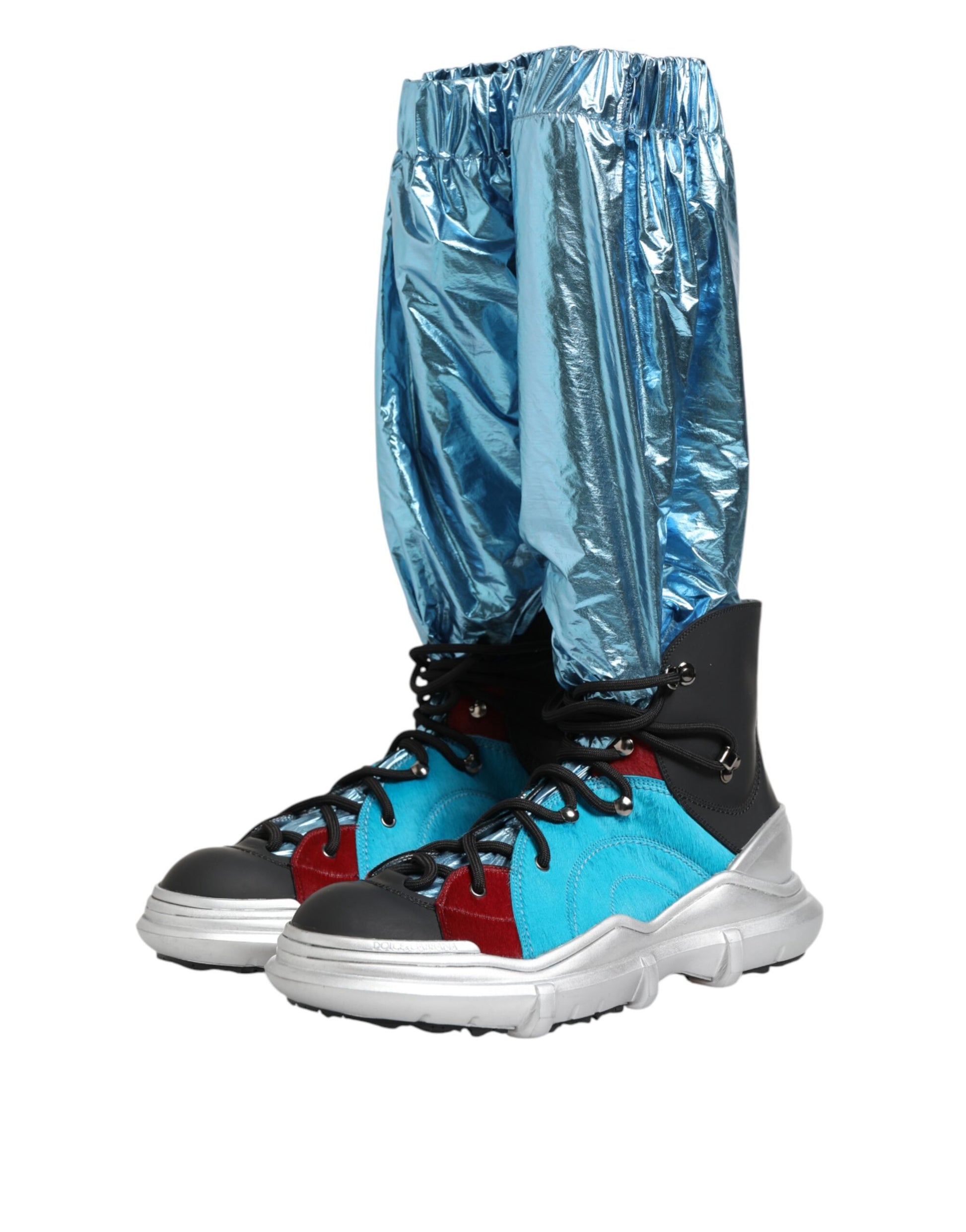 Blue and red snow boots with silver reflective material