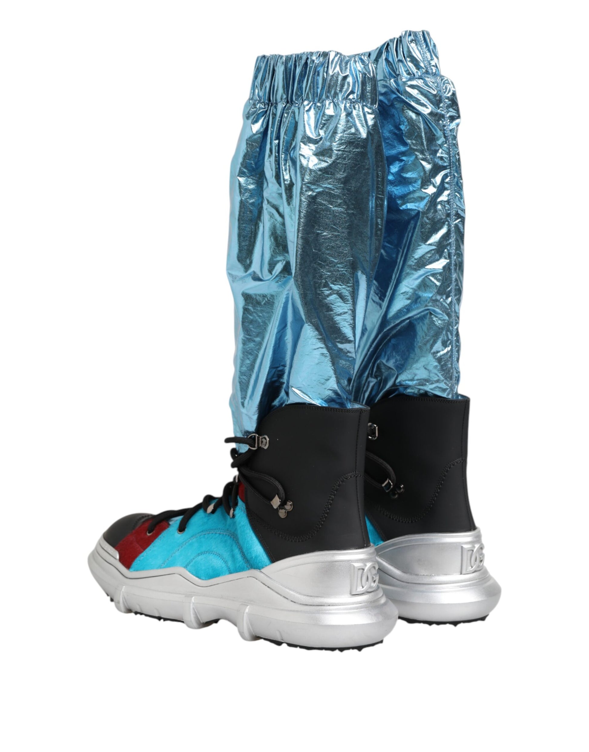 Blue and silver snow boots with reflective material