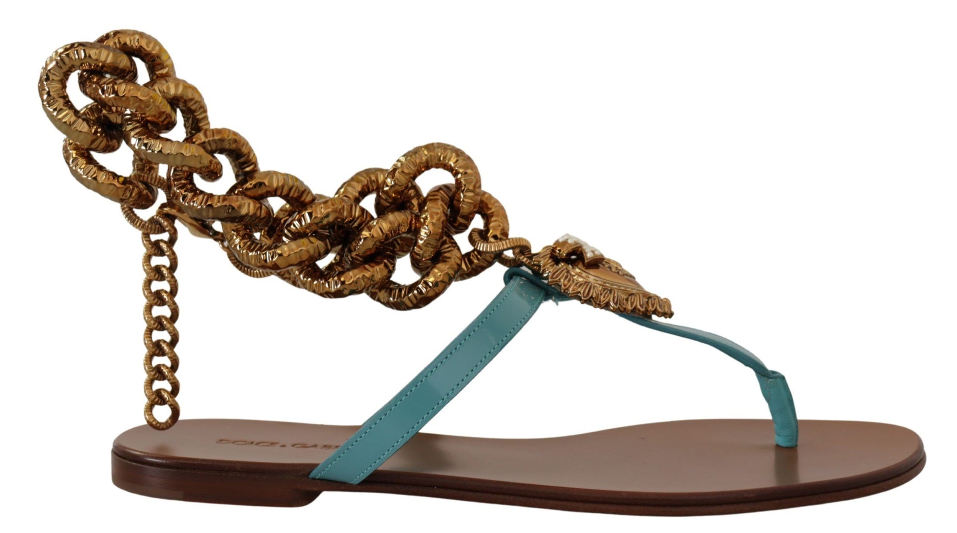 Brown sandal with blue strap and gold chain detailing