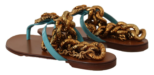 Pair of women's sandals with blue straps and gold sequins