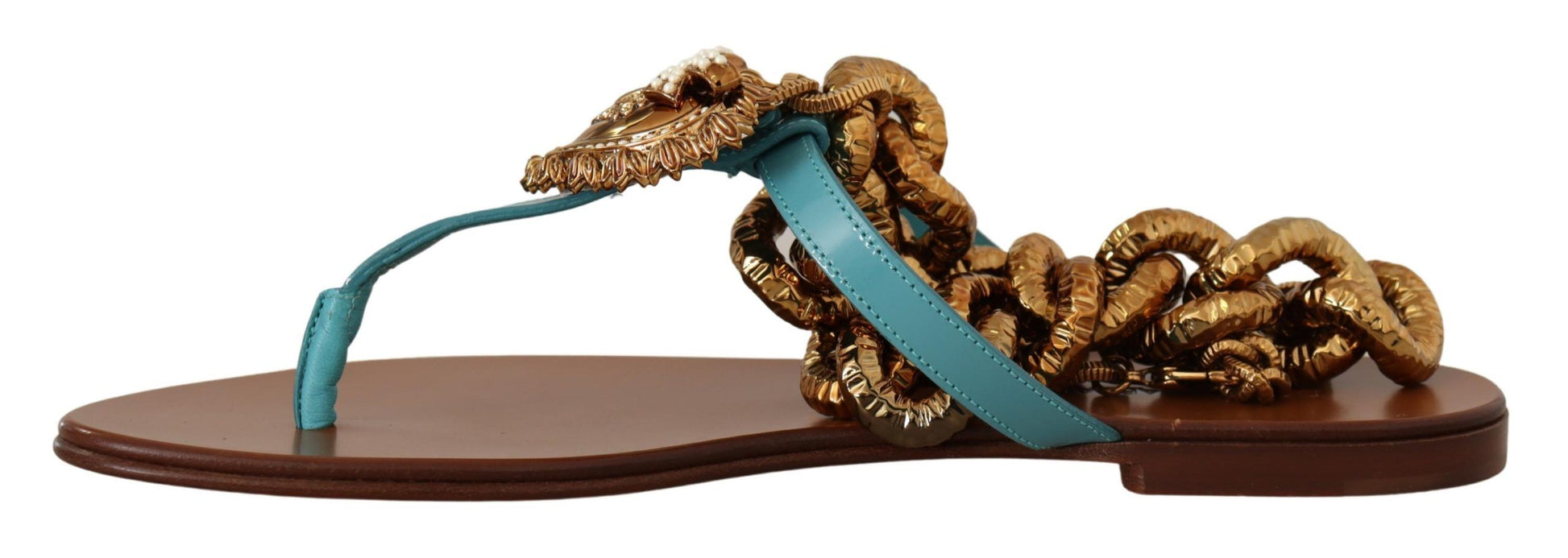 Pair of women's sandals with gold and blue accents