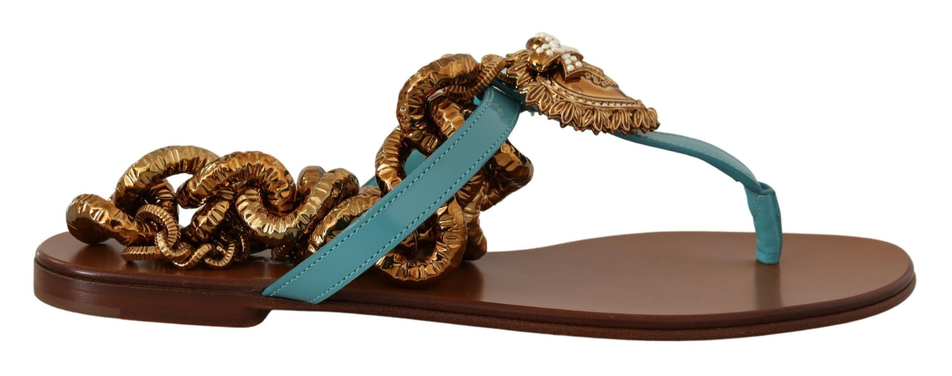 Pair of women's sandals with gold and blue accents