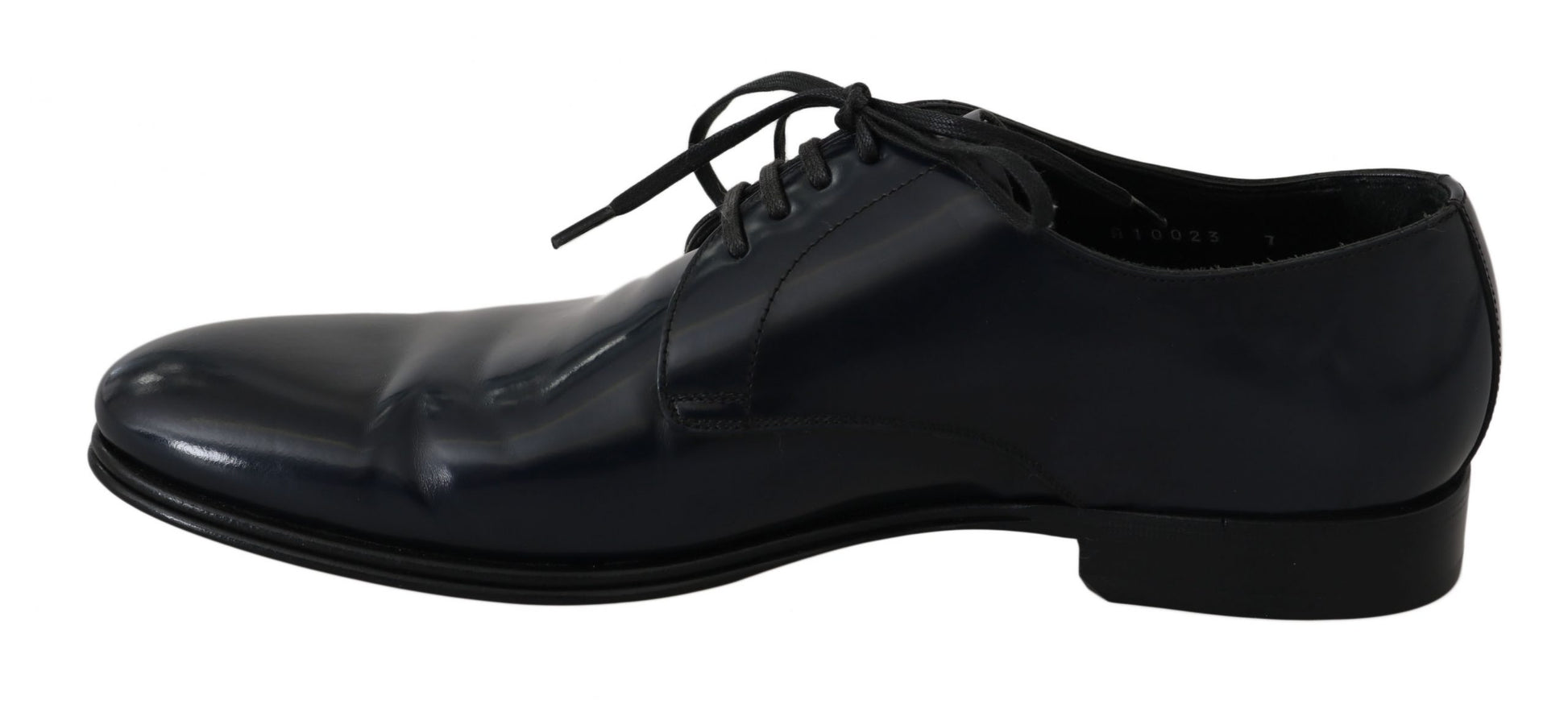 Black leather dress shoes with laces and a shiny finish