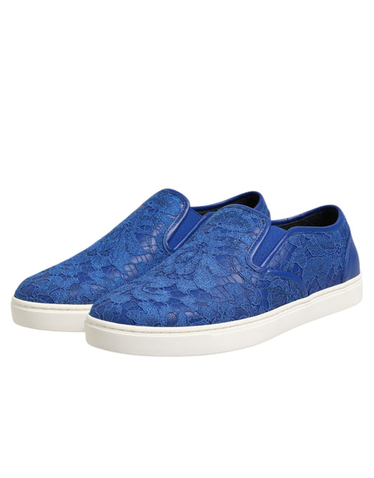 Blue lace-up slip on shoes with leather upper and white sole