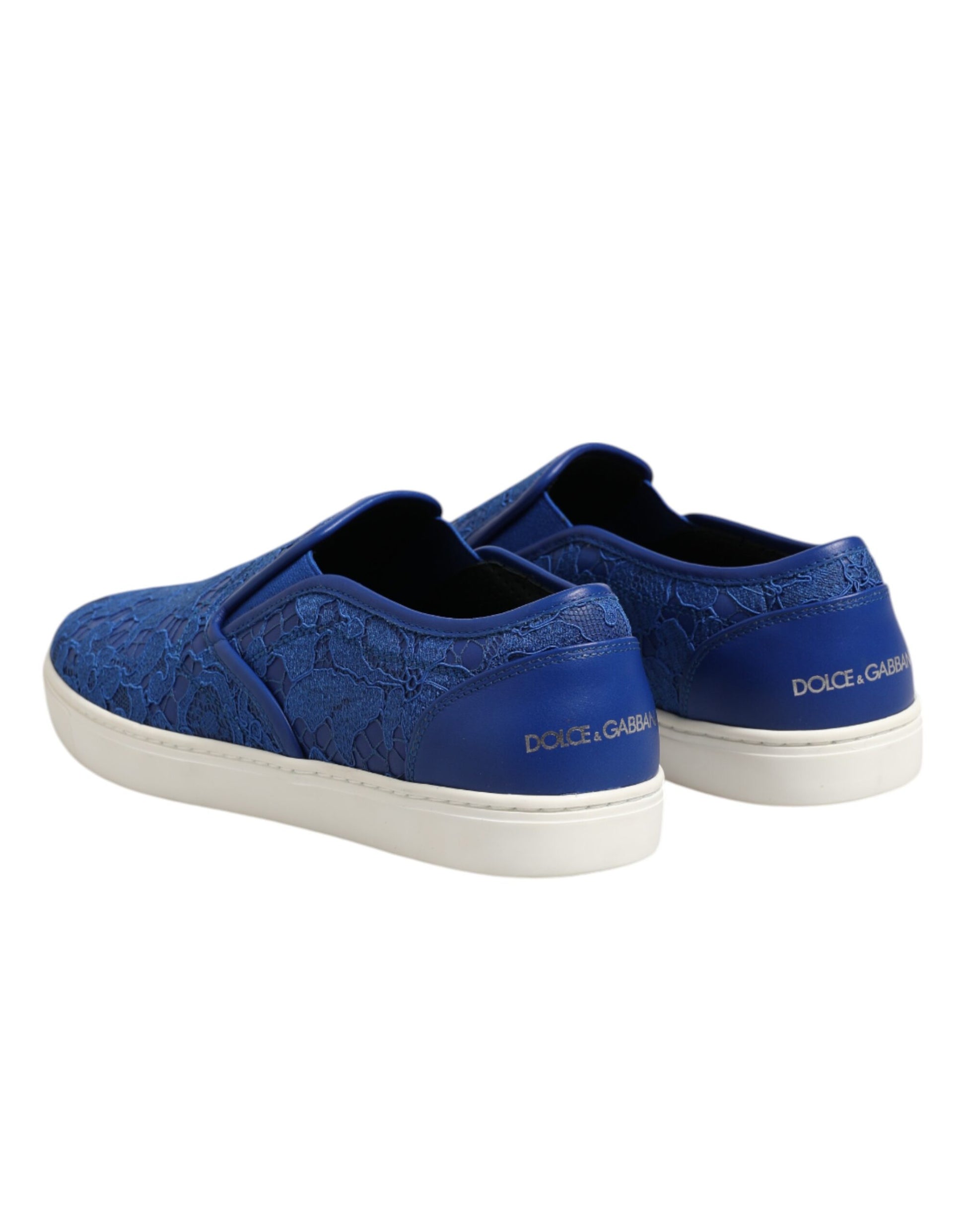Blue leather lace slip on shoes with white soles, featuring the Dolce & Gabbana logo