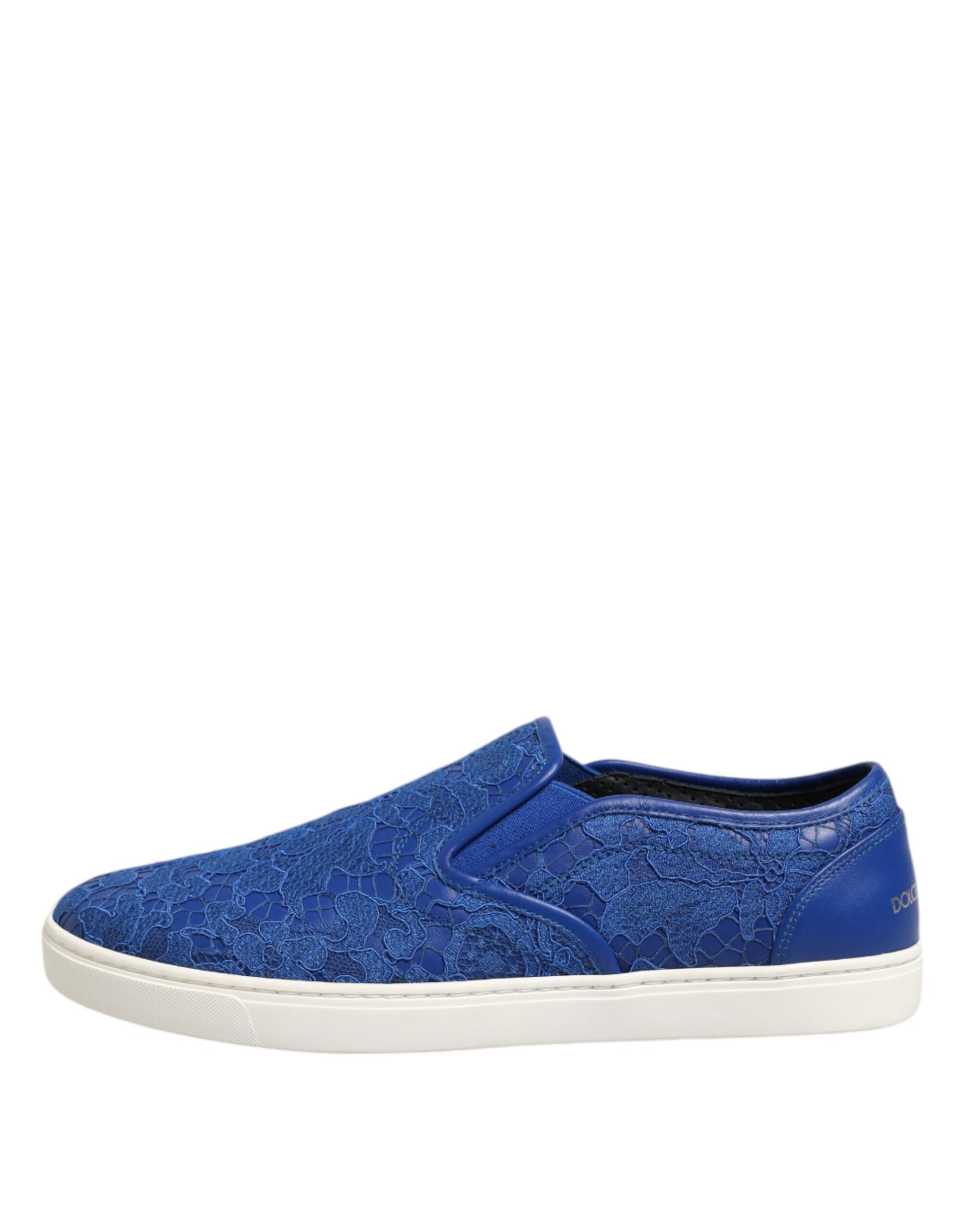 A pair of blue leather lace slip on sneakers with a glittery texture