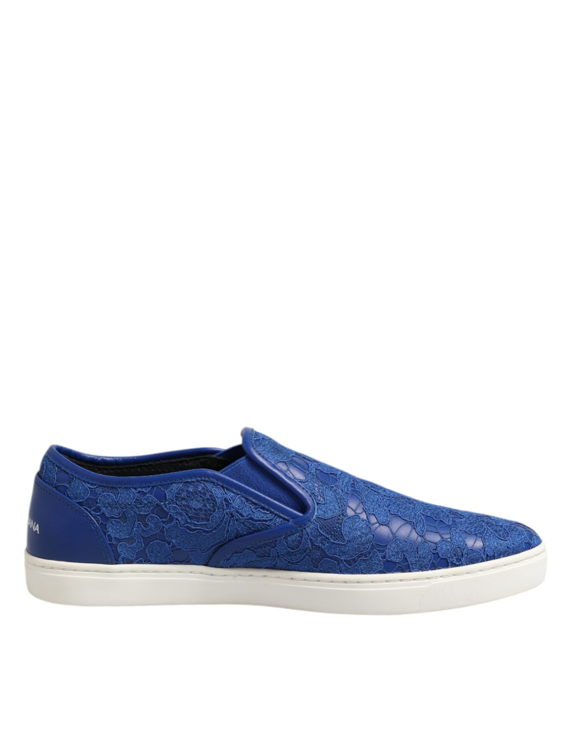 A pair of blue leather lace slip on shoes with a glittery pattern