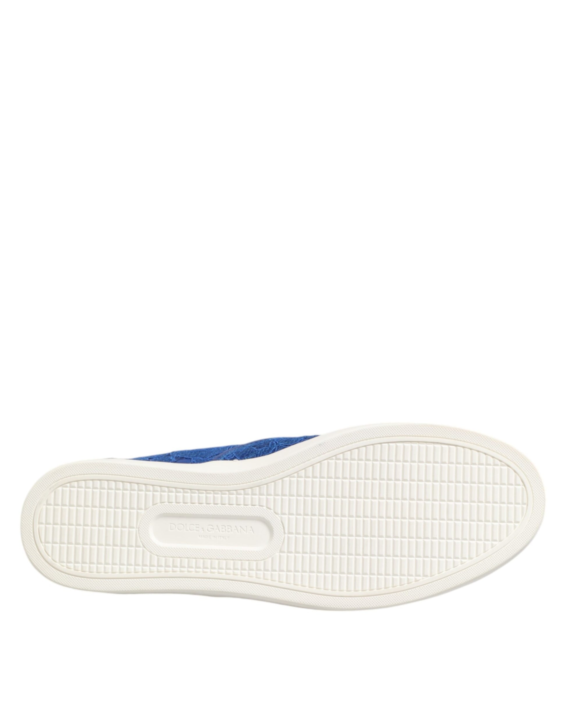 A single blue leather slip-on shoe with a white sole and laces