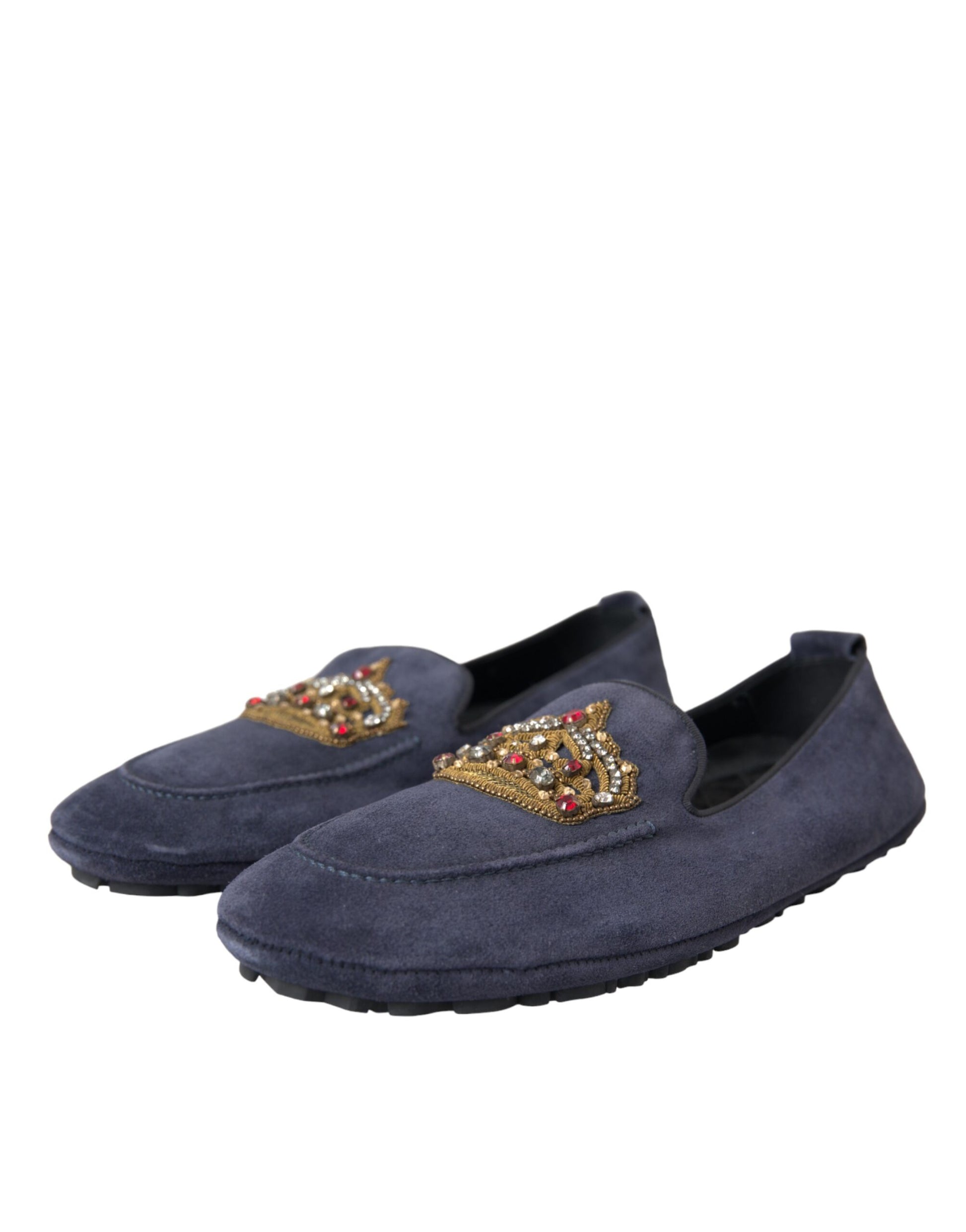 Pair of blue velvet loafers with gold embroidery