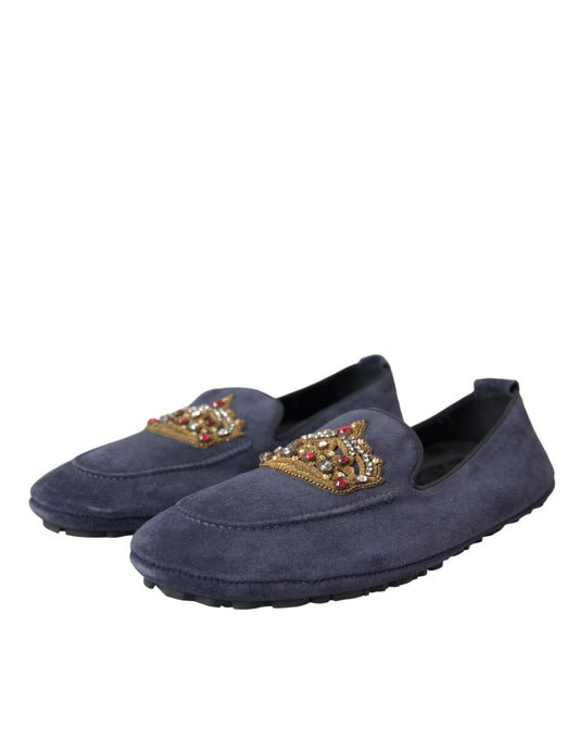 Pair of blue velvet loafers with gold embroidery