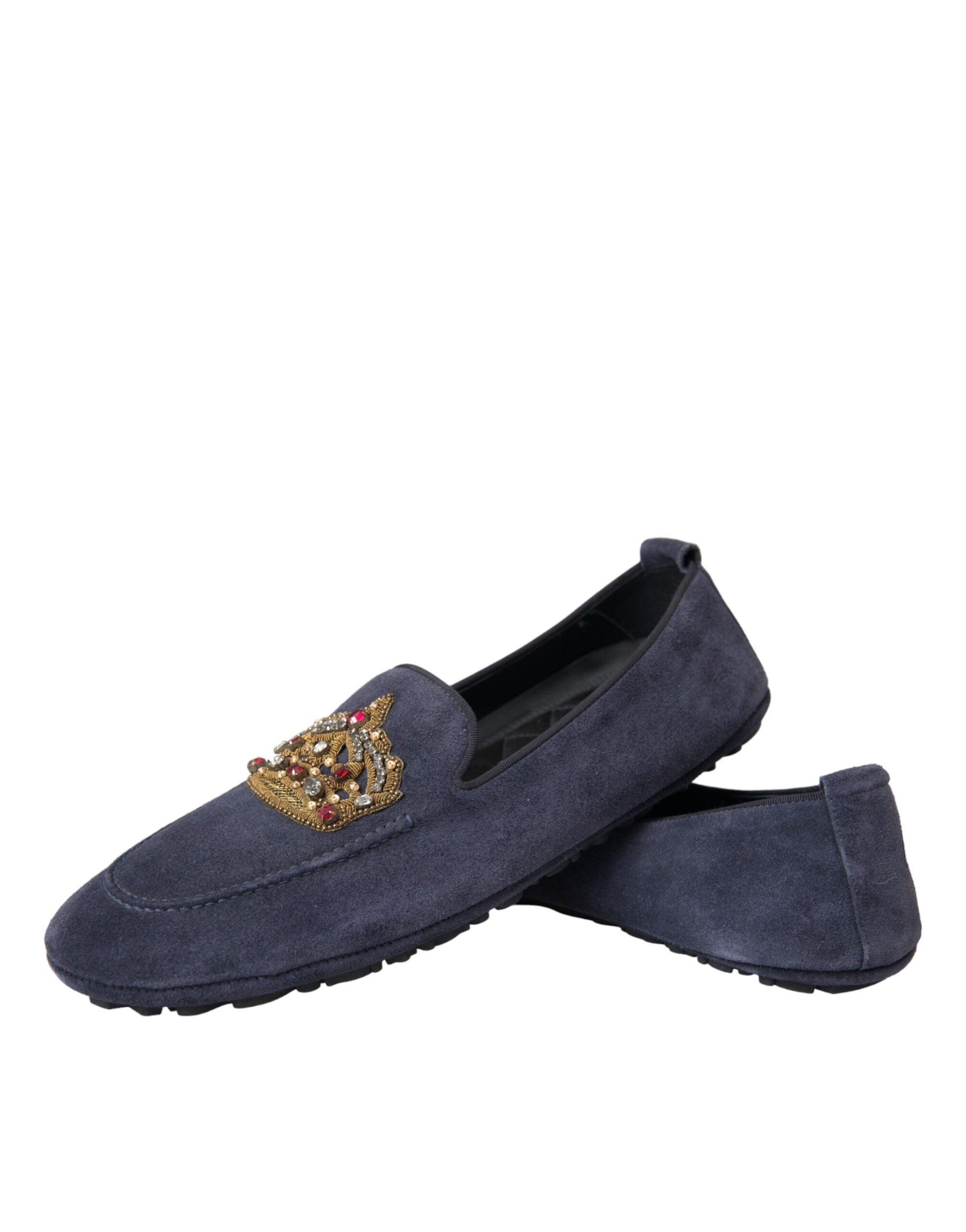Pair of blue velvet loafers with gold embroidery on top
