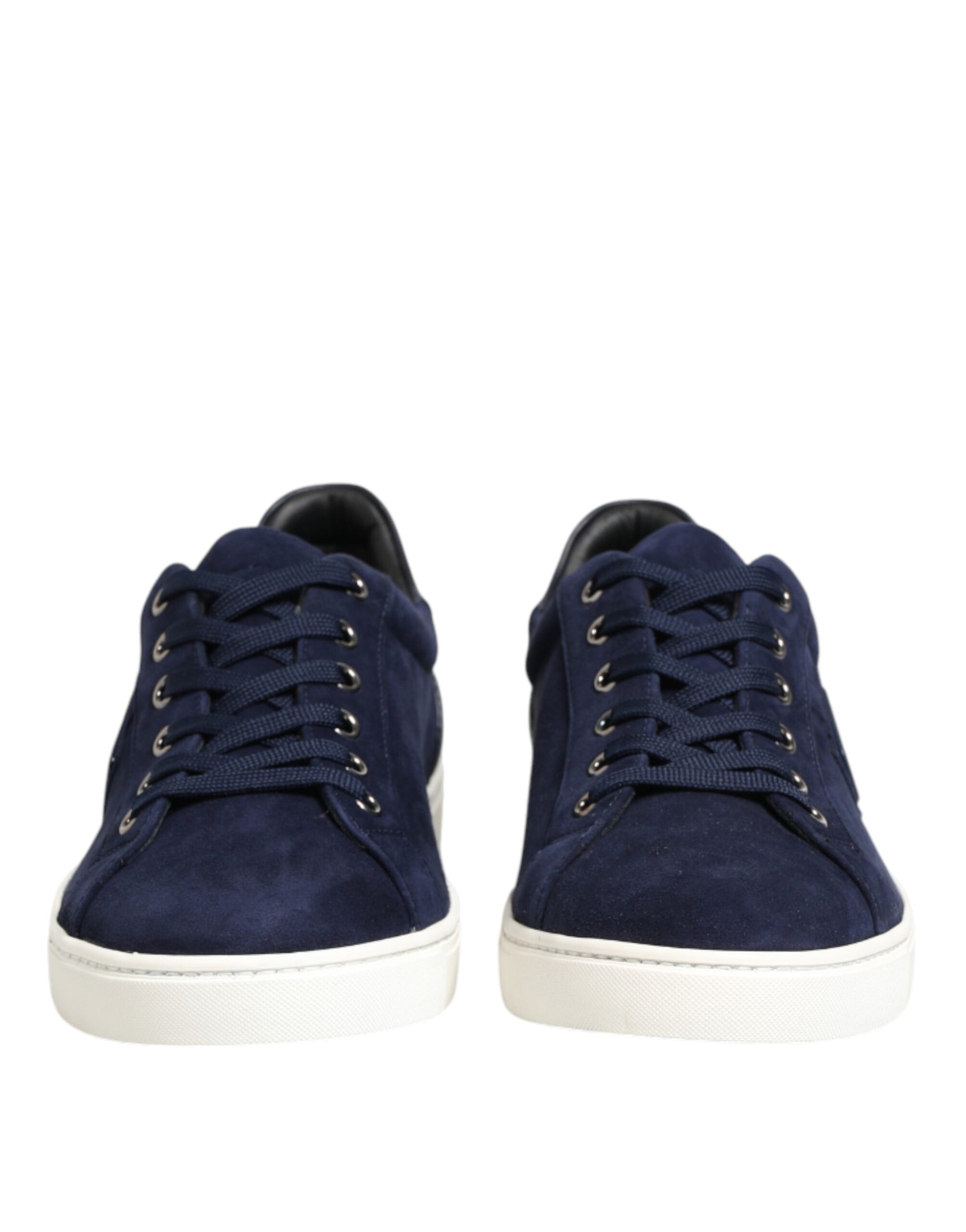 Navy blue sneakers with white soles