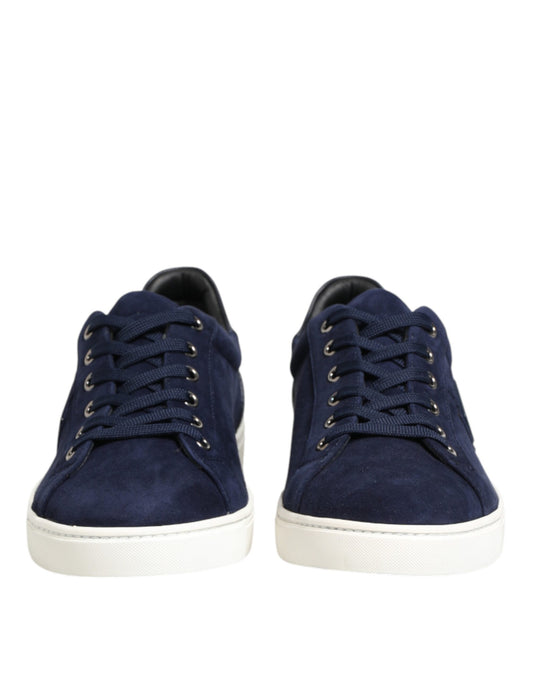 Navy blue sneakers with white soles