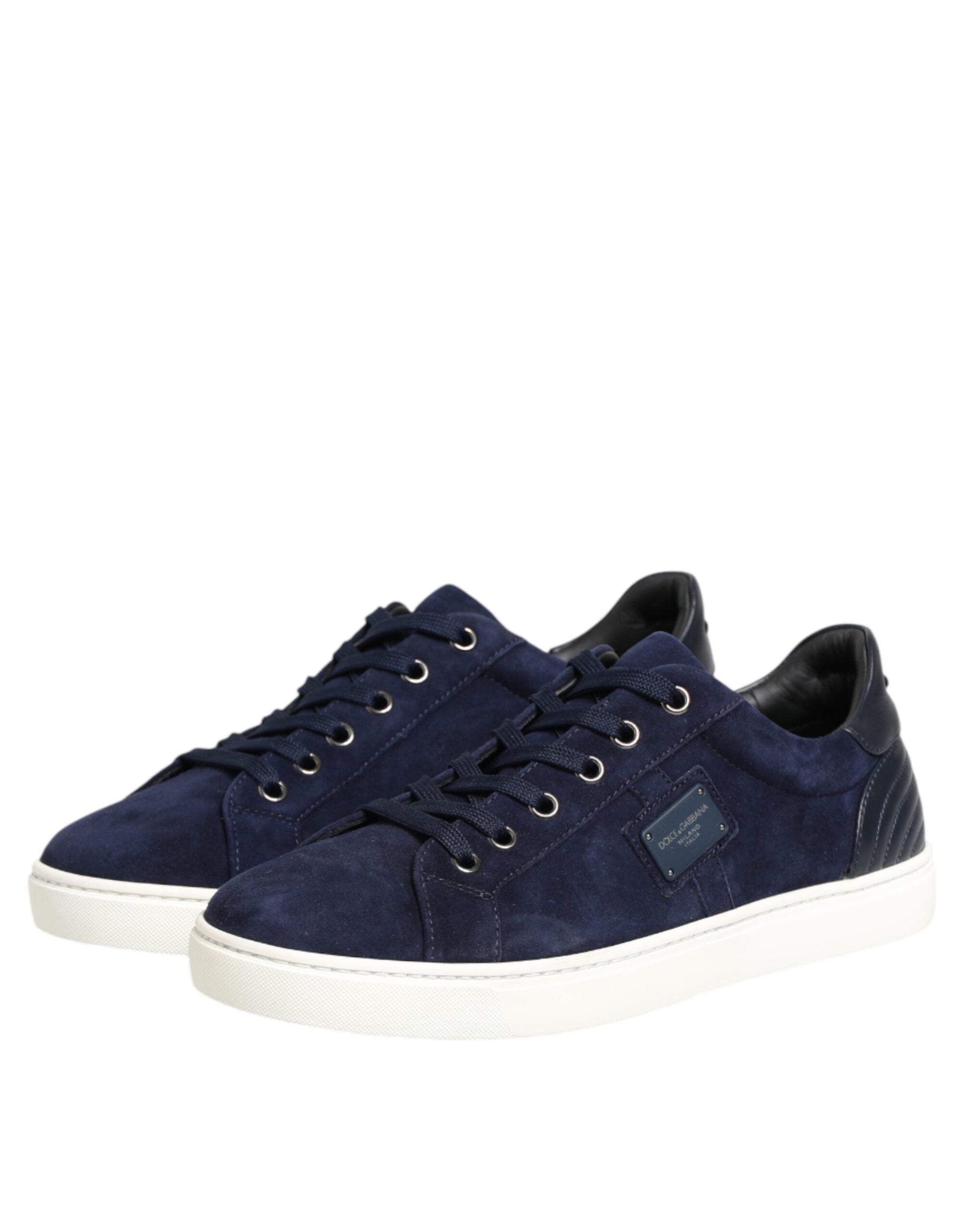Pair of blue sneakers with white soles