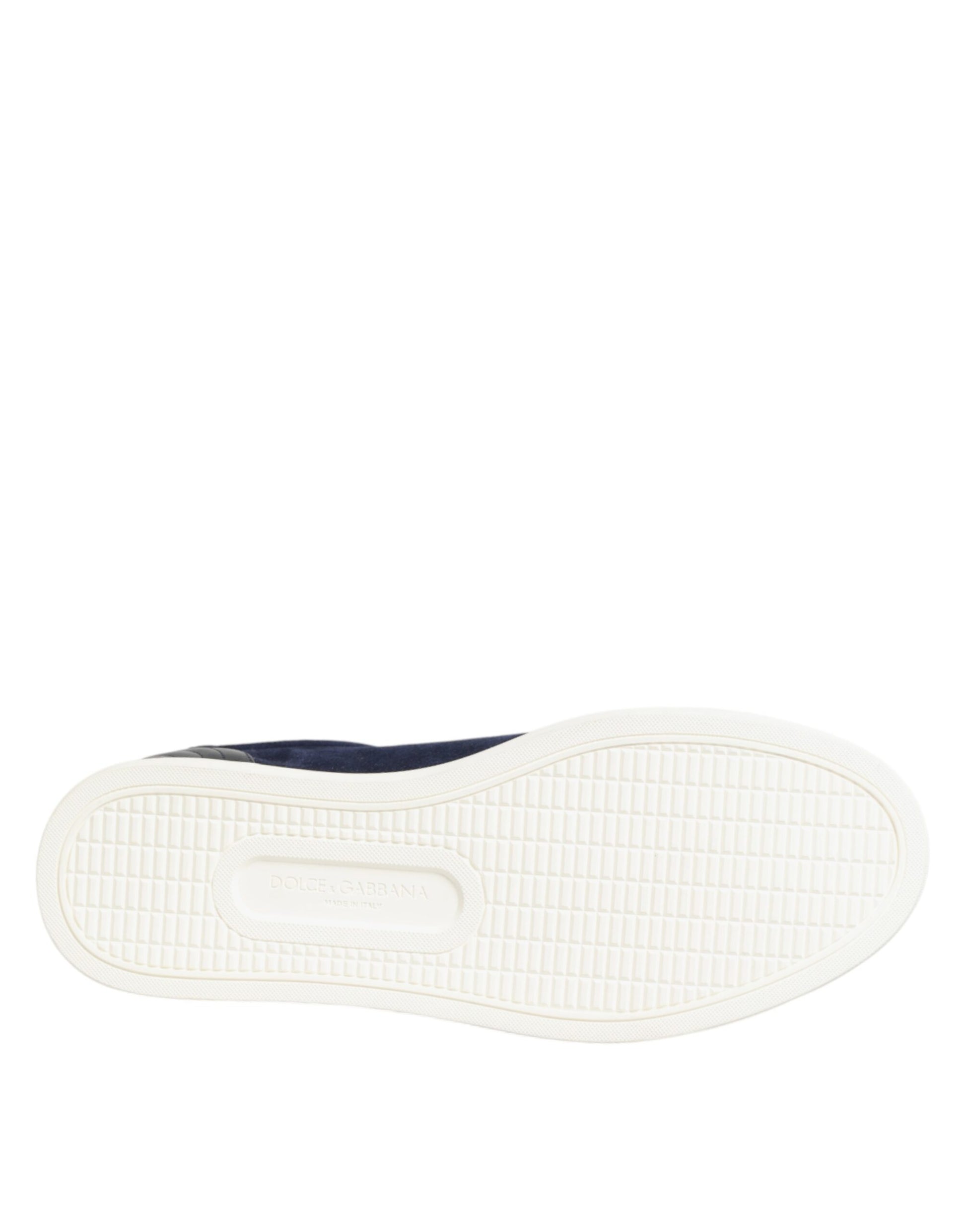 White sneaker with blue stripe on side