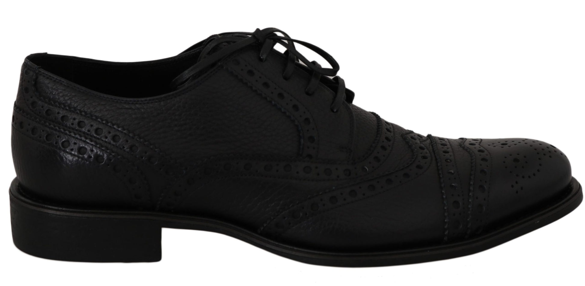 Pair of black dress shoes with laces and decorative stitching