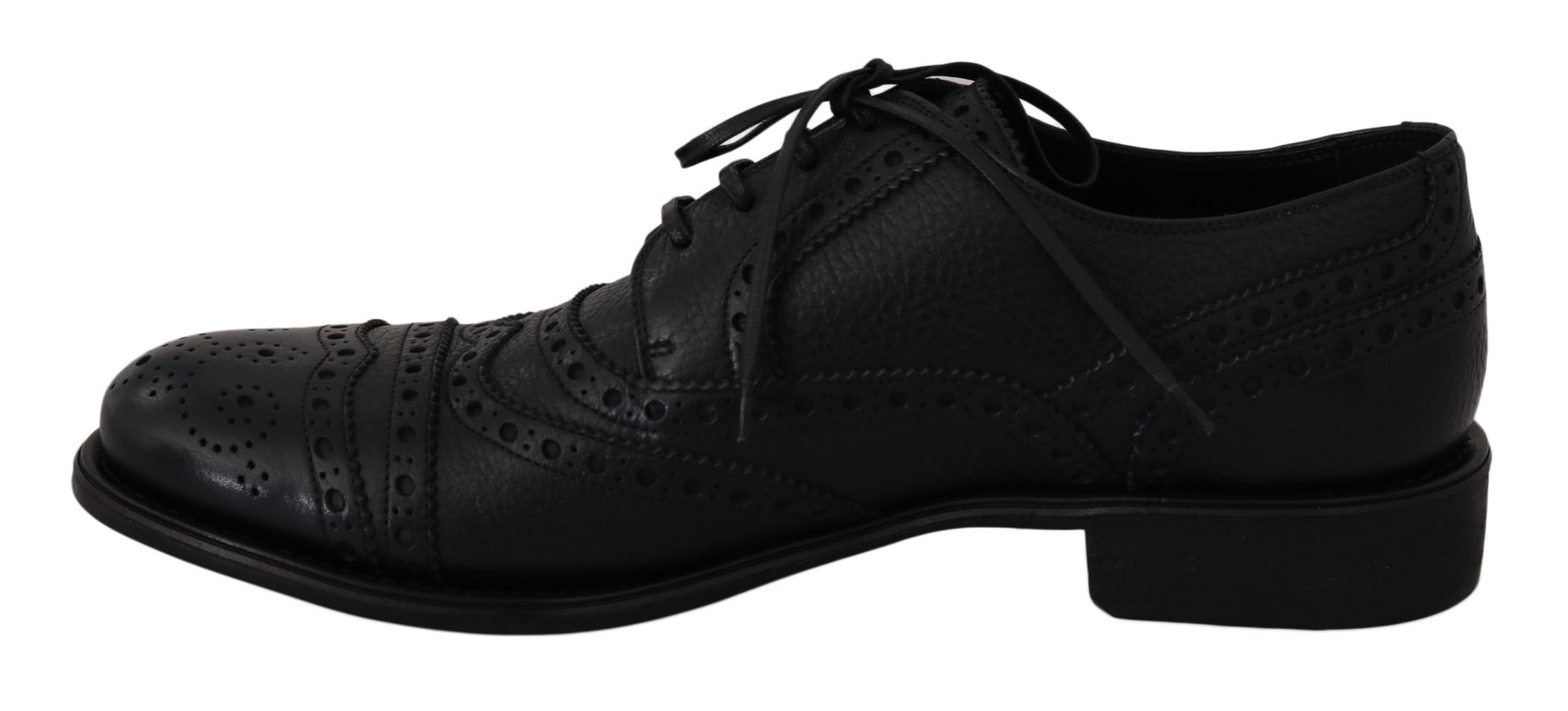 Pair of black dress shoes with laces and a bow tie design on top