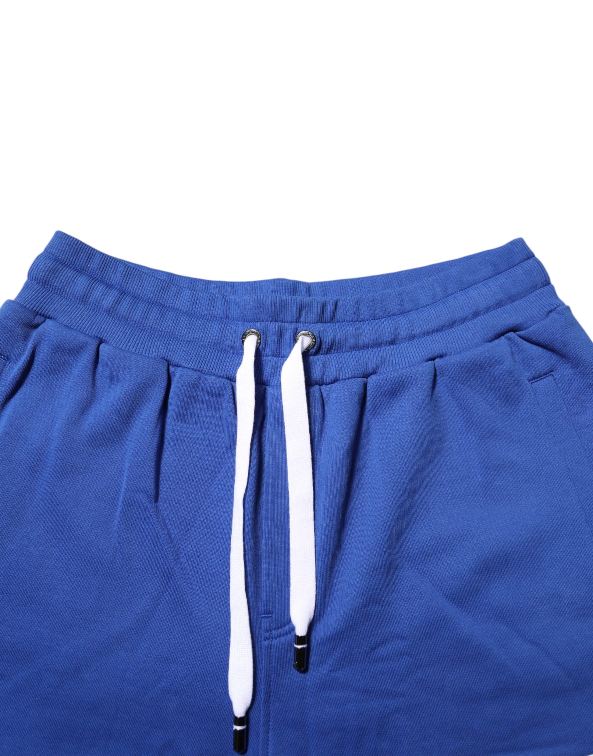 Blue sweatpants with white drawstrings