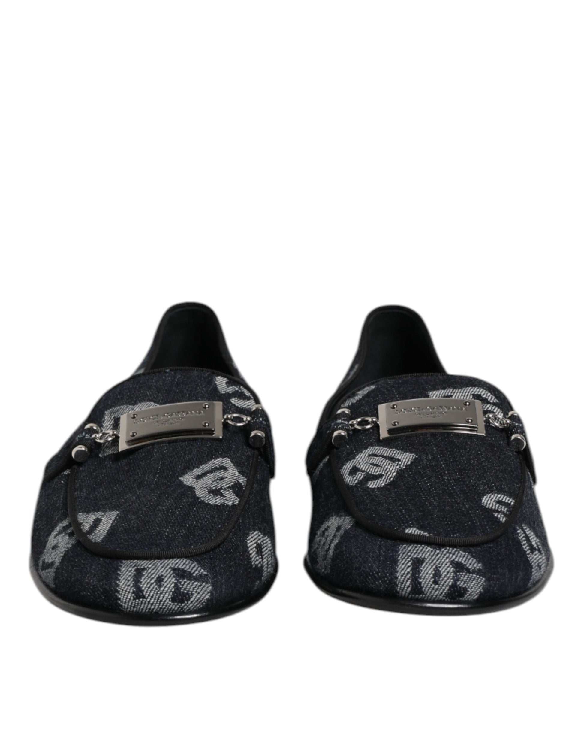 Pair of blue logo loafers with embroidered design and silver buckle