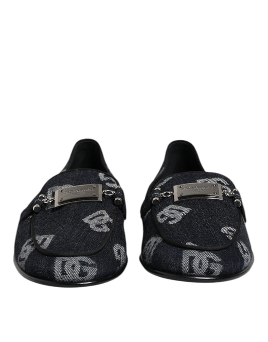 Pair of blue logo loafers with embroidered design and silver buckle