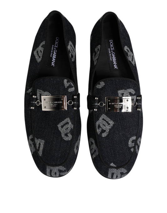 Pair of blue loafers with gold buckle and logo print, formal dress shoes