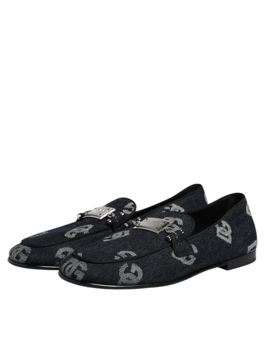 Black loafers with blue logo, featuring a glittery pattern and silver buckles