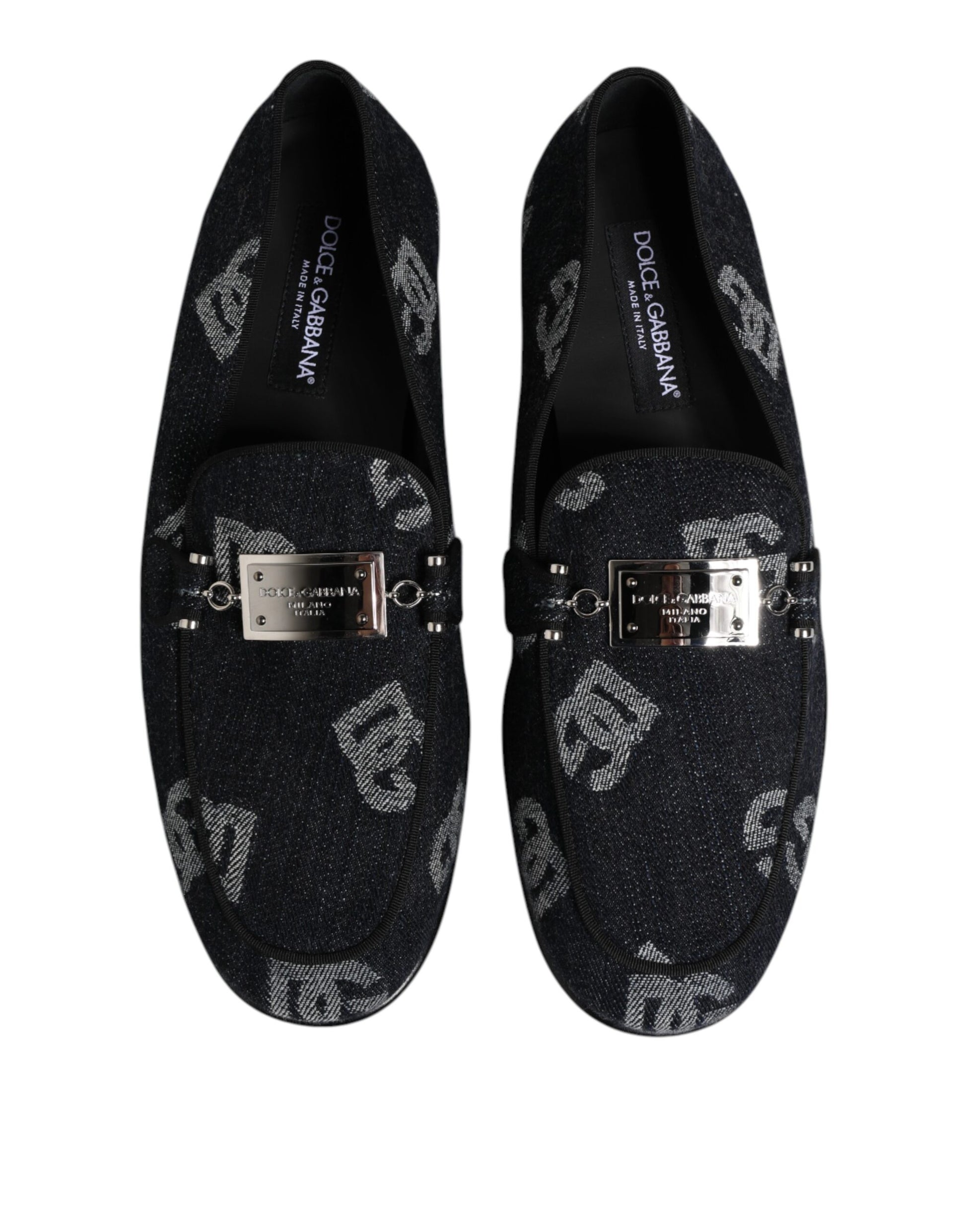 Pair of blue loafers with gold buckle and logo, formal dress shoes