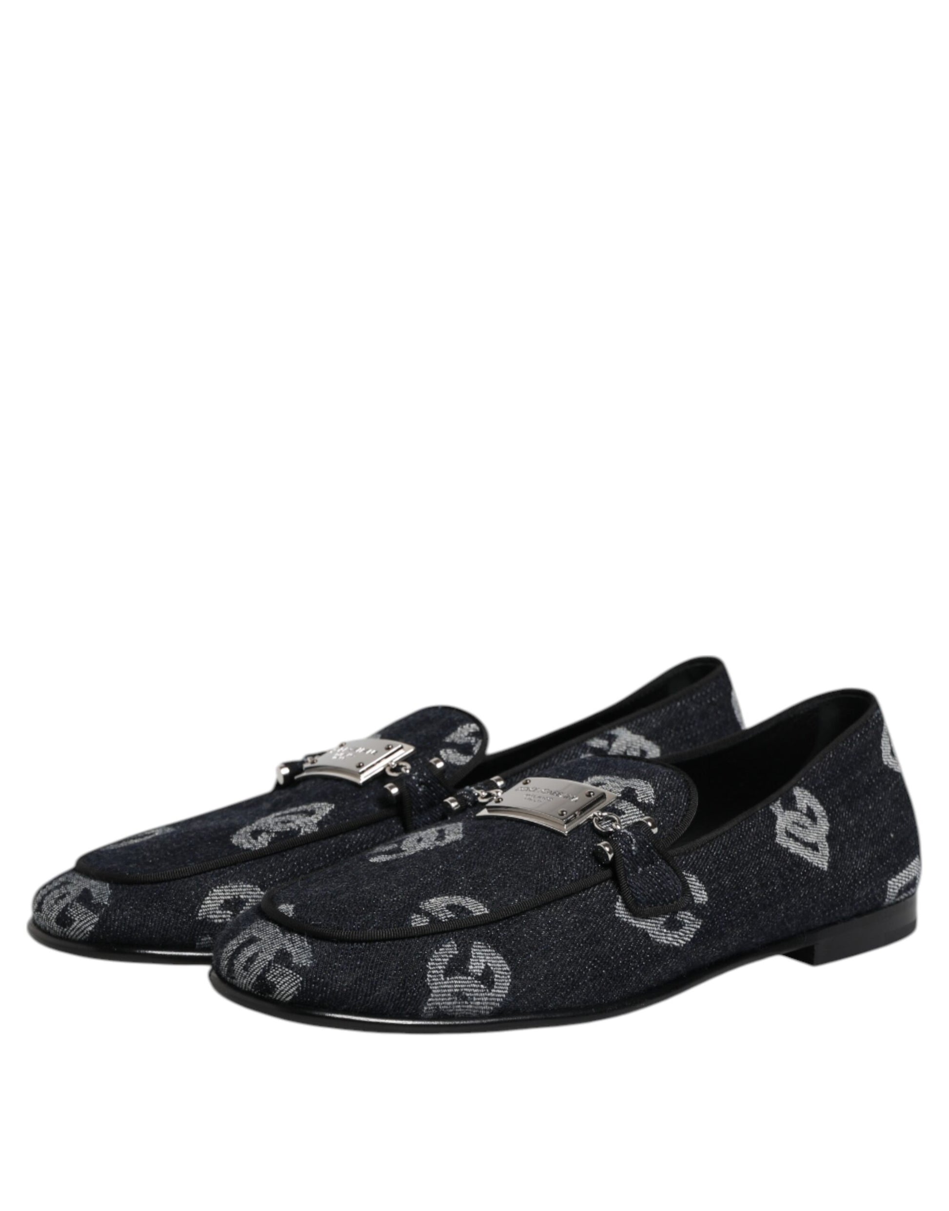 Black loafers with blue logo, featuring a shiny texture and silver buckles