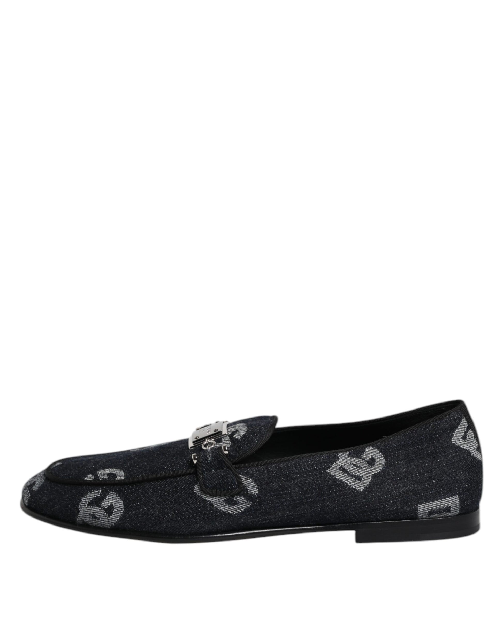 A pair of blue loafers with a logo design on the side, featuring a glittery texture