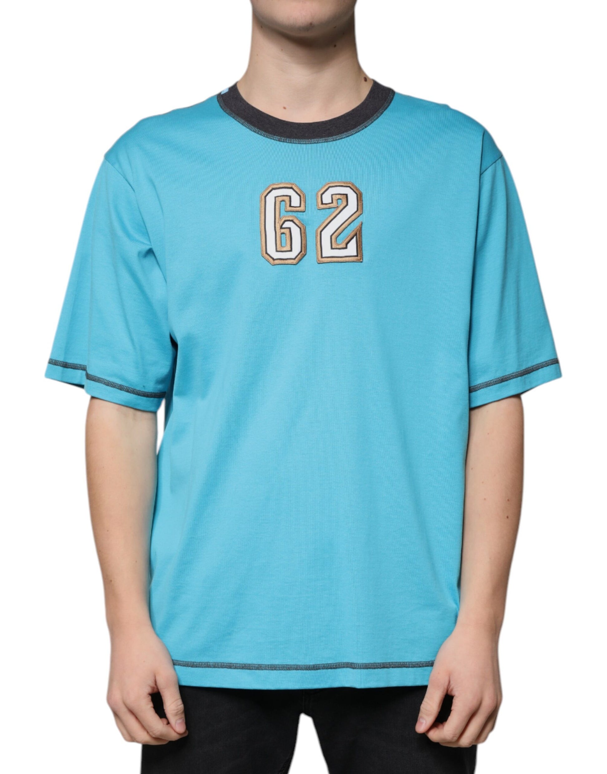 Blue short sleeve shirt with number 62 on front