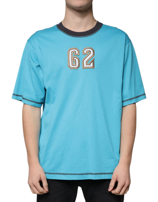 Blue short sleeve shirt with number 62 on front