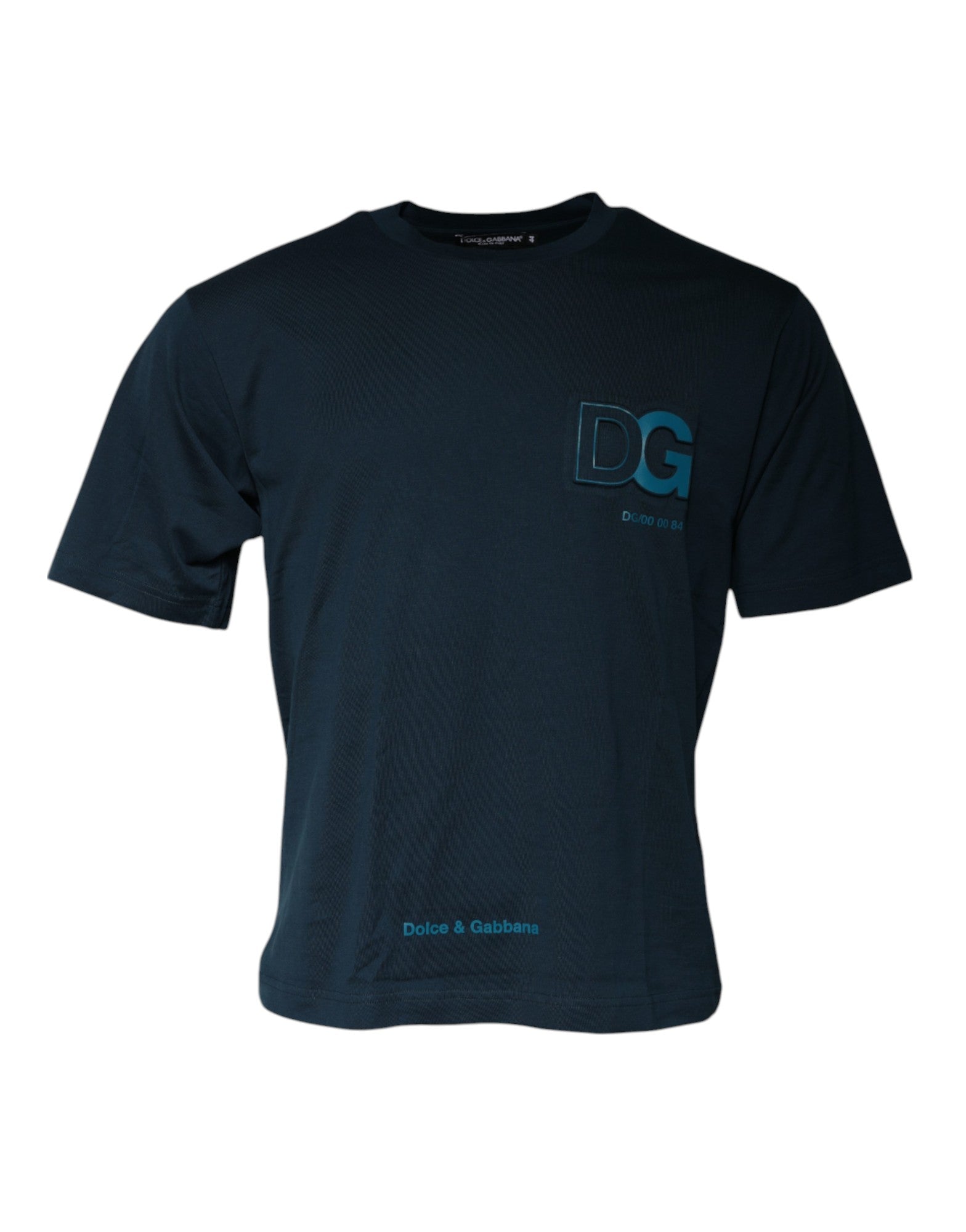 Blue short sleeve shirt with logo on front