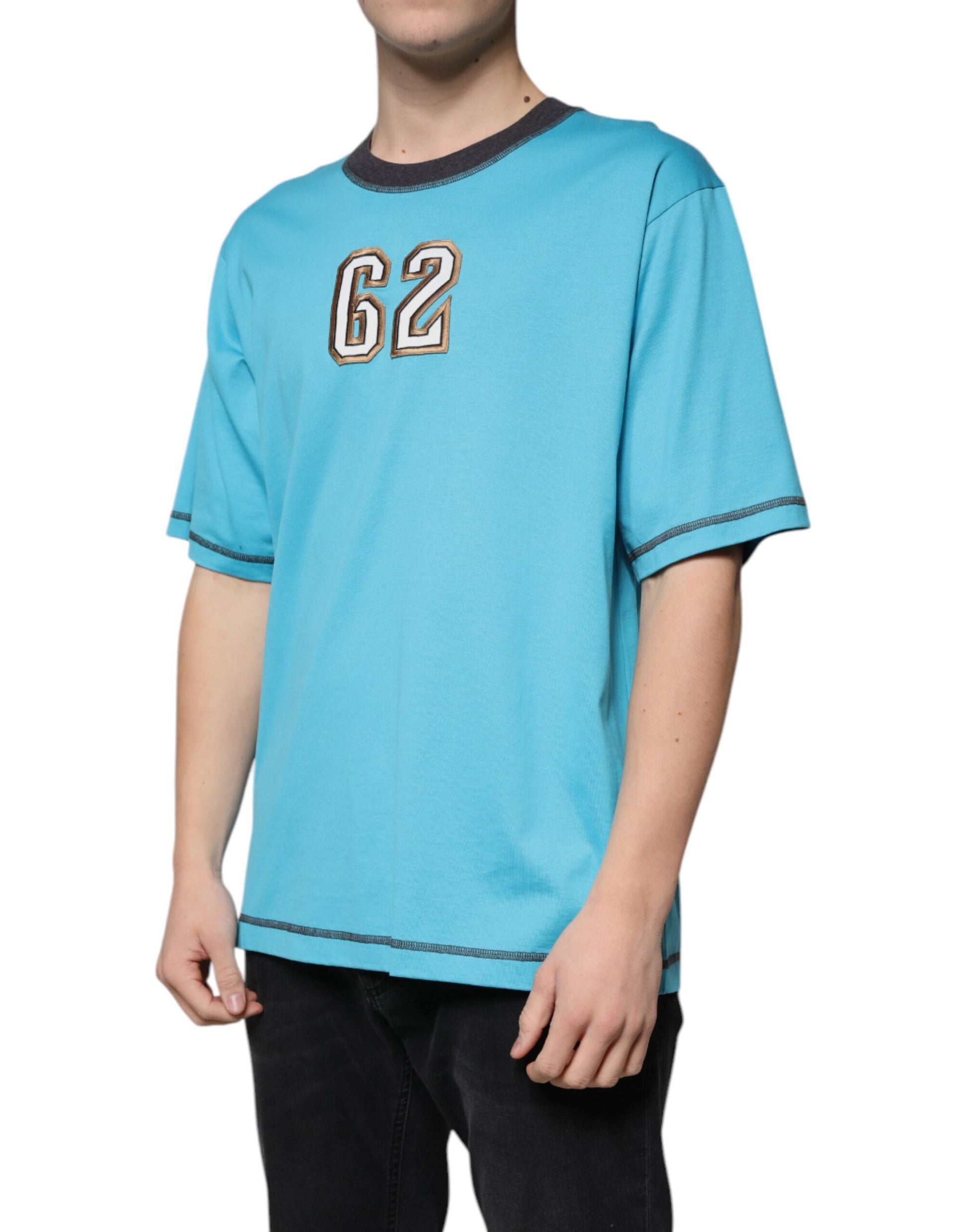 Blue short sleeve shirt with number 62 on front
