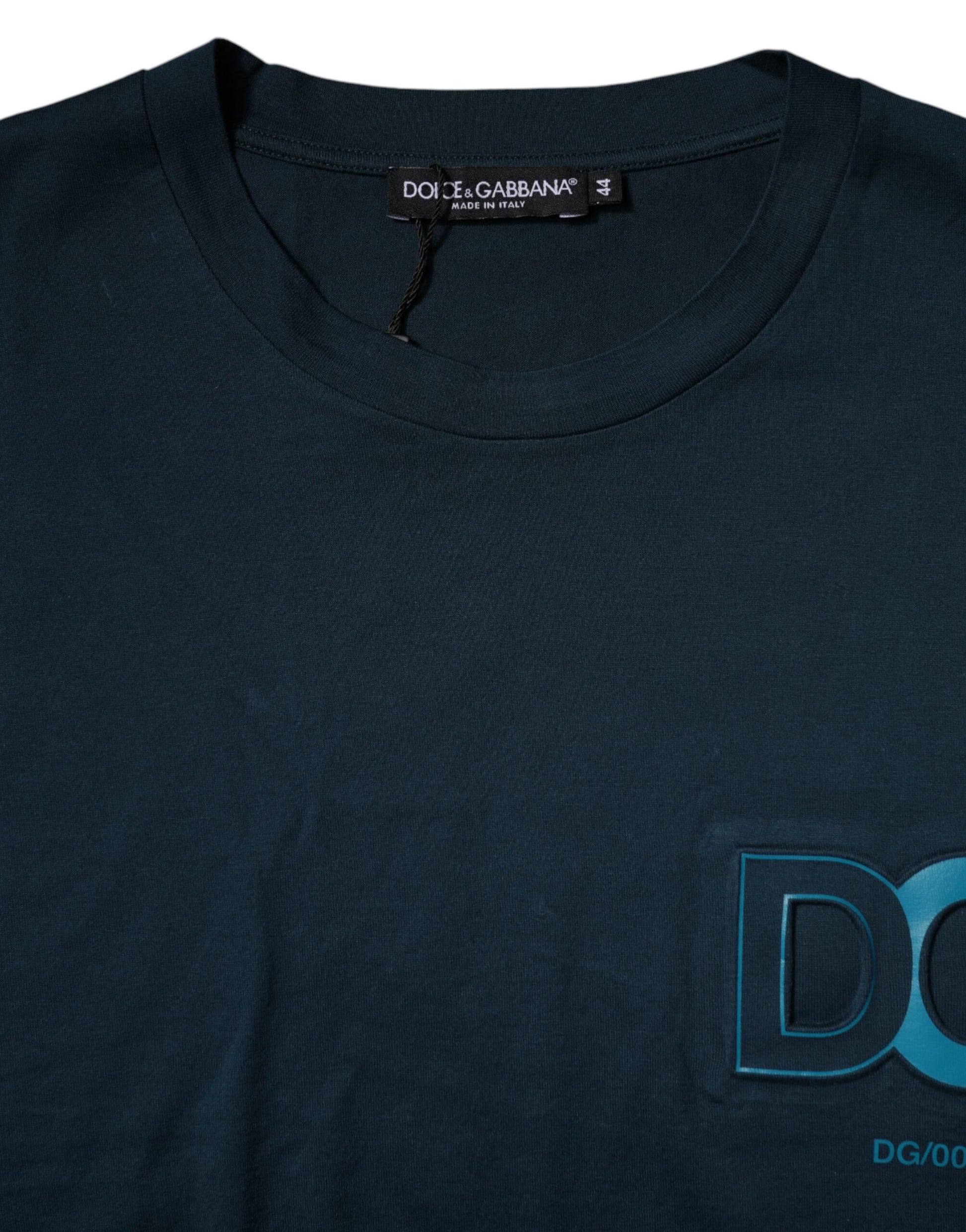 Black t-shirt with blue logo on front