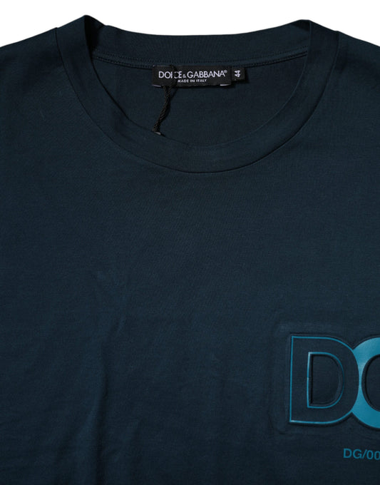 Black t-shirt with blue logo on front