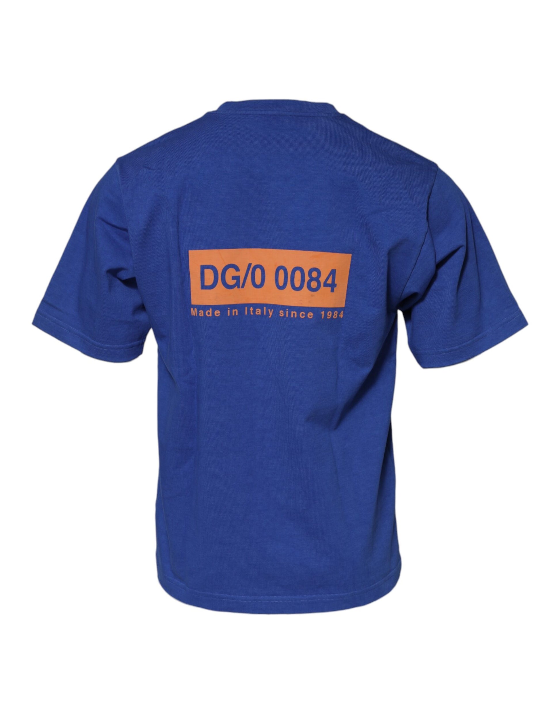 Blue shirt with orange letters on back